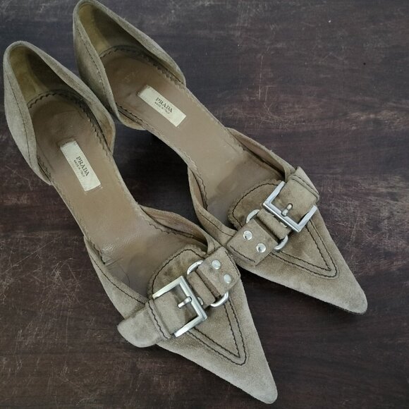 Vintage Y2K Prada Tan Suede Leather Pointy Toe Kitten Heels SZ 38 Buckle - Picture 2 of 12
